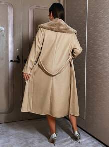 SHEIN Unity Casaco de Inverno Plus Size Feminino de Tecido Macio, Gola de Pele Falsa, Ajuste Slim, Design Distinto - Damasco - Visão 6