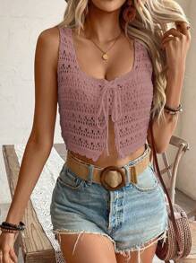 SHEIN Clasi Atasan Rajut Tanpa Lengan Wanita Warna Polos Sederhana untuk Sehari-hari - Dusty Pink - View 4