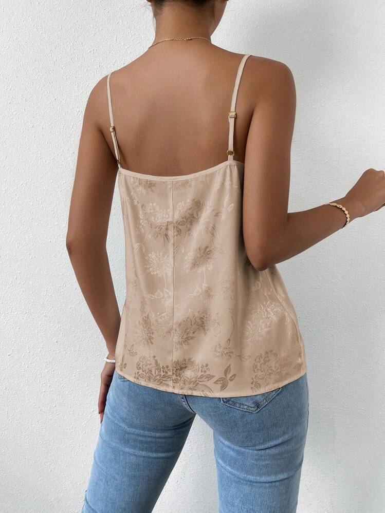 EMERY ROSE Floral Jacquard Contrast Lace Satin Cami Top Graphic Tees Women Tops - Champagne - View 2