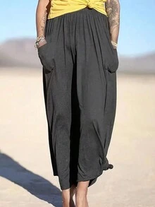 Váy suông màu trơn đơn giản cỡ lớn cho nữ có hai túi - Màu xám đen - Xem 4