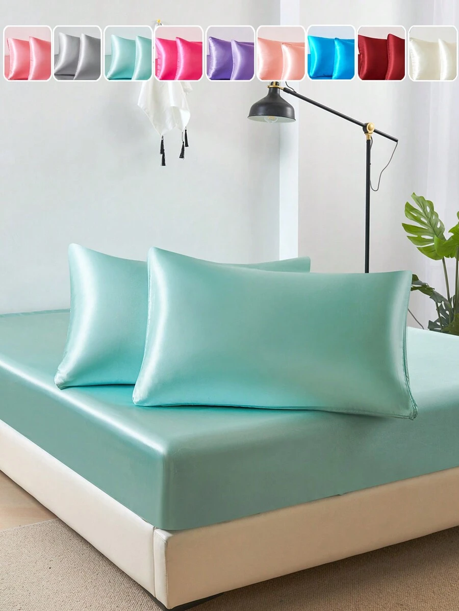 2 vỏ gối satin lụa màu xanh lá cây nhạt, vỏ gối mềm có khóa kéo cho phòng ngủ, không nhăn, tốt hơn cho tóc và da khi ngủ, vỏ gối không có ruột - Mầm xanh - Xem 1
