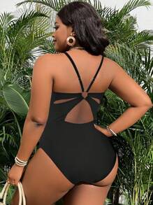 Swim Vcay Plus Size U Neck Hollowed Back Pleat One-Piece Swimsuit Summer - Black - View 3