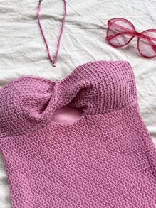 Soleia 女士度假风格纹理针织紧身 A 字形前镂空扭纹细节薄荷蓝色紧身胸衣海滩西部节日夏季波西米亚风迷你连衣裙 - 玫紅色 - 查看 4