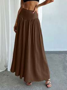 Firerie Women's Ruched High Waist A-Line Elegant Genuine Pocket Skirt - Brown - View 5