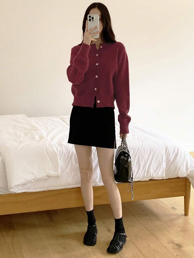 1pc Red Cardigan, Autumn, Ladies Spring/Fall Casual Button Regular Sleeve Round Neck Regular Fit Red Plain Women Cardigans, Casual Daily Wear,Long Sleeve Tops Old Money Style