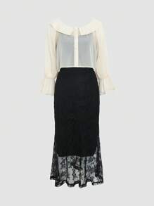 FRIFUL 2pcs Women's Plain Peter Pan Collar Sheer Long Sleeve Top & Lace Trim Slip Dress Set,Ruffle - Black - View 4