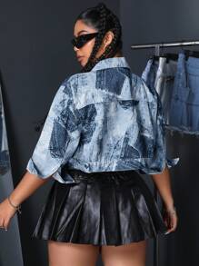 SHEIN ICON Plus Size Spring & Summer Fashionable Printed Washed Cropped Denim Jacket - Medium Wash - View 2