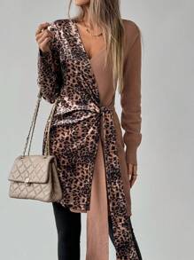 SHEIN Clasi Women's Spring/Autumn Leopard Patchwork Side Tie Knot Long Sleeve Cardigan Fall Cloth For Women - Multicolor - View 3
