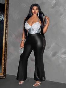 Maweii Plus Size Fashion Lace Patchwork Flare Pants Fall Cloth For Women - Black - View 6