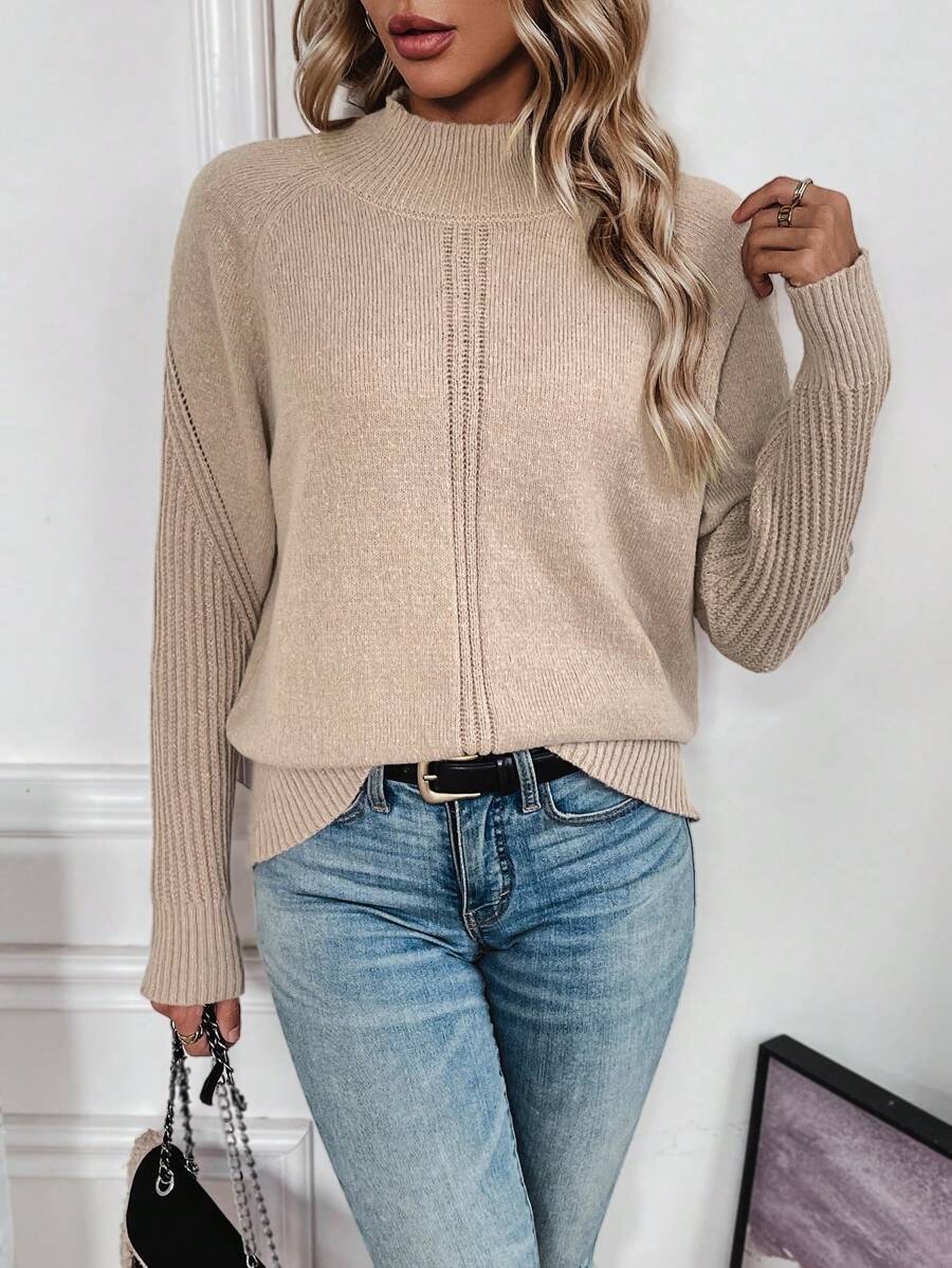 Chiquease Plain Stand Collar Long Sleeve Pullover Sweater, Knit Pullover Fall Winter - Khaki - View 1