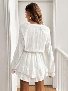 SHEIN Frenchy Women Raglan Sleeve Ruffle Hem Romper,Back To School,Fall Women Outfits,Fall Women Outfits,100% Cotton,Bubble Long Sleeve,Bubble Skirt Front Lace-Up Jumpsuit Winter White Casual Spring - White - View 2