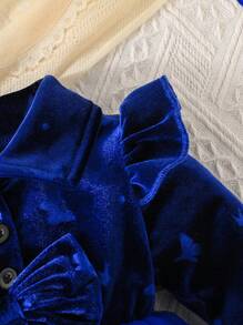 Baby Girl Ruffle Trim Bow Tie Mesh Casual Outdoor Long Sleeve Dress, Spring Autumn - Blue - View 3