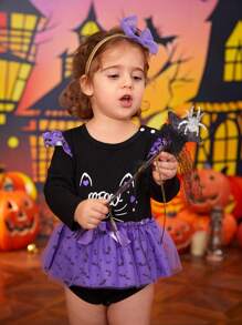 Body bébé fille mignon imprimé chat, manches longues, pour fête d'Halloween - Prune - Voir 6