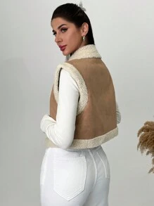 SHEIN Privé 女士无袖复合绒面革保暖内衬保暖优雅夹克 - 卡其色 - 查看 2