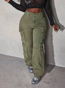 Slaydiva Petos vaqueros con bolsillo para mujer, pantalones cargo de mujer color verde militar, pantalones vaqueros holgados, pantalones holgados de mujer, pantalones de otoño para mujer - Verde militar - Ver 6