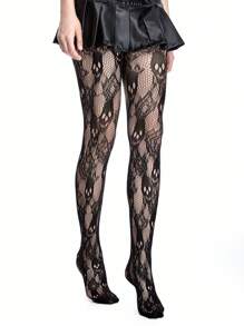ROMWE Goth 1 pieza Medias/Pantys/Medias de red sexy con diseño de rosa y calavera para mujeres