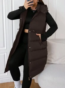 SHEIN EZwear Plus Size Long Hooded Winter Vest Coat Fall Autumn - Brown - View 1