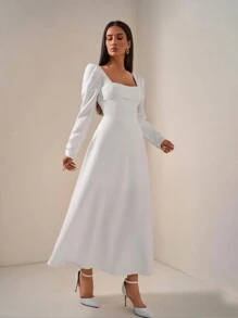 EURMUSE 优雅风格，罩杯细节喇叭中长连衣裙 - 白色 - 查看 1