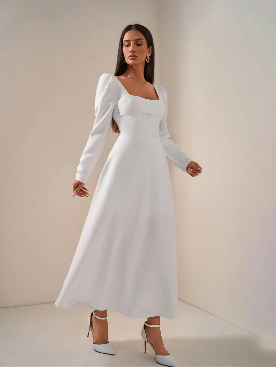 EURMUSE 优雅风格，罩杯细节喇叭中长连衣裙 - 白色 - 查看 1