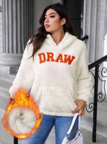 Calvaya Plus Size Long Sleeve Hooded Sweatshirt With Letter Print And Pocket, Casual Daily Wear Pullover Fall Outfit