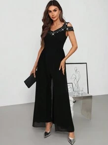 SHEIN Clasi Women's Elegant V-Neck Rhinestone Embellished Open Shoulder Flowy Mesh Jumpsuit Women Jumpsuits  Homecoming - Black - View 6