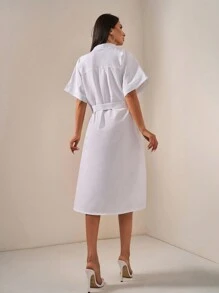 EURMUSE Placement Eyelet Embroidered Front Button  Shell Belt Long Dress - White - View 2