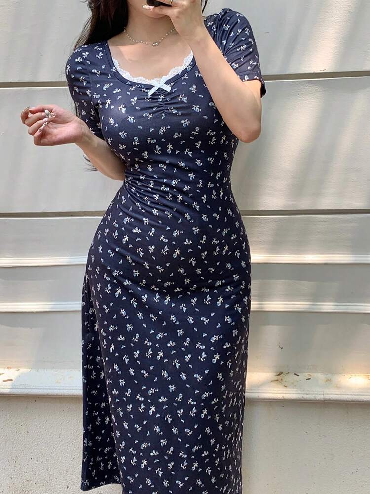 Women's Ditsy Floral Short Sleeve Casual Backless Dress Summer Sundress,Back To School Clothes Maxi Dress