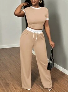 SHEIN SXY 2 件套撞色镶边圆领短袖上衣和抽绳裤套装 女式秋季服装 - 卡其色 - 查看 6