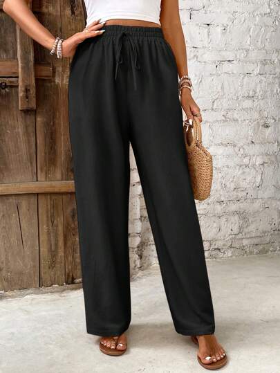 SHEIN Frenchy Women's Solid Color Casual Straight-Leg Pants Winter Black Spring