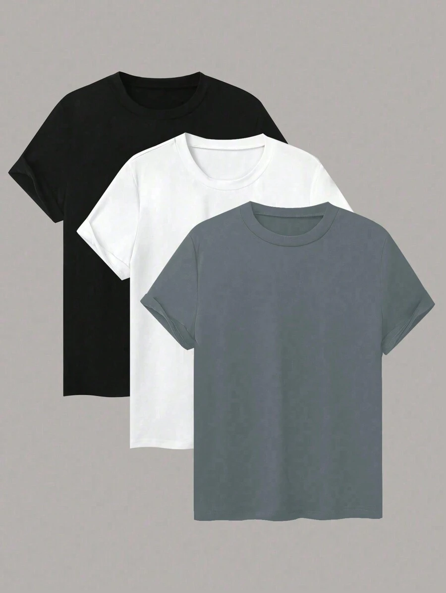 INAWLY Women's Solid Color Crew Neck Short Sleeve Casual T-Shirt, Summer - Grey - View 1