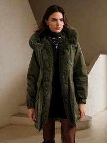 Anewsta Abrigo acolchado con cuello de piel gruesa y capucha, de largo medio y versátil - Verde militar - Ver 7