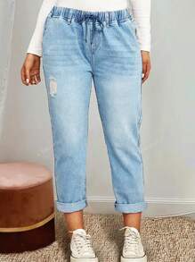 Women's Elastic Waist Washed Denim Long Pants, Suitable For Commuting And Casual Wear, Autumn