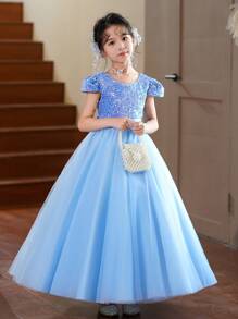 SHEIN Vestido de dama de honor para niña preadolescente, vestido de gala infantil de princesa, vestido formal de cumpleaños, adecuado para Navidad, Halloween, Acción de Gracias - Azul - Ver 3
