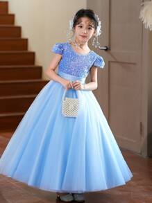 SHEIN Vestido de dama de honor para niña preadolescente, vestido de gala infantil de princesa, vestido formal de cumpleaños, adecuado para Navidad, Halloween, Acción de Gracias - Azul - Ver 6