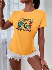 INAWLY Los maestros cambian el mundo, feliz día del maestro, camiseta casual de cuello redondo de manga corta para mujeres con gráfico de gran educador - Amarillo - Ver 3