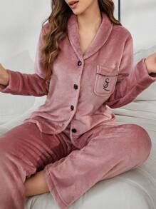 Plush Collar Pocket Embroidered Long Sleeve Top & Pants Fluffy Pajama Set, Fall Winter Clothes, Cozy Outfit - Dusty Pink - View 3