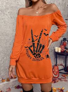 SHEIN LUNE Halloween Off Shoulder Mini Dress Women Horror Season Skeleton Print Autumn Tops & Dress