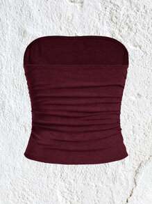 SHEIN EZwear Trang phục mùa hè Áo ống xếp nếp trơn - Màu Đỏ Sâu - Xem 2