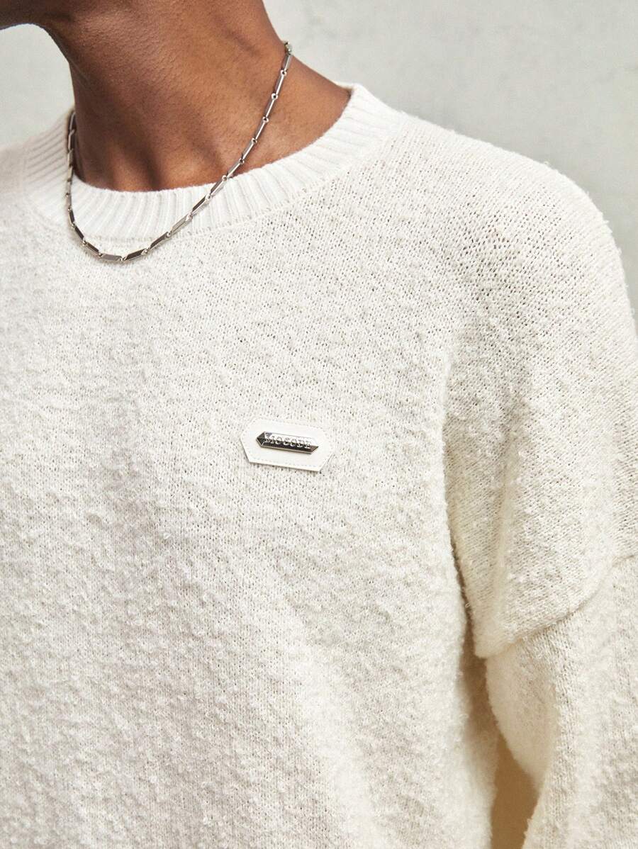 AKNOTIC Business Casual 男士针织休闲圆领长袖白色毛衣，适合秋冬 - 米色 - 查看 1