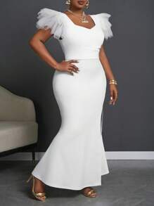 Slaydiva Elegant White V-Neck High Slit Dress With Mesh Sleeve Detail, Evening Gown - Plus Size - White - View 6