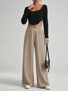 SHEIN Essnce 女士纯色不对称腰带休闲阔腿裤 - 摩卡棕 - 查看 3