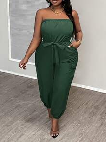 Slaydiva 大码女式纯色连体裤，配有腰带、口袋和卷边裤脚，休闲街头风格 - 墨綠色 - 查看 3