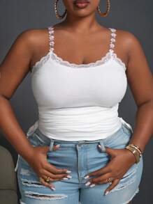 Slaydiva Plus Size Eenvoudig Camisole Topje Met Trekkoord, Bloemenversiering, Wit, Zomer