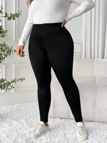 EMERY ROSE Plus Size Comfortable Warm Stretchy Colorblock Thermal Lined Leggings - Black - View 3