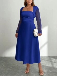 SHEIN Privé 大码女式蓝色 A 字形露背长袖修身连衣裙，褶皱侧开衩连衣裙，秋季/返校季