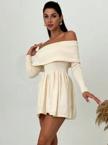 Firerie Dames chique elegante off shoulder lange mouw A-lijn korte gebreide trui jurk, herfst/winter