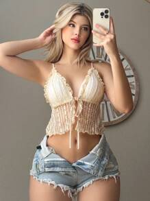 SHEIN Swim Women's Vacation Solid Color Frill Trim Belted Camisole And Kimono Cover-Up Set Summer - Apricot - View 5