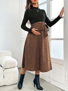 SHEIN Maternity Rib-Knit Long Sleeve Tee & Leopard Tie, Front Skirt Set - Camel - View 3