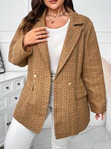 SHEIN Clasi Blazer elegante de manga larga de unicolor y doble botonadura para tallas grandes - Caqui - Ver 1