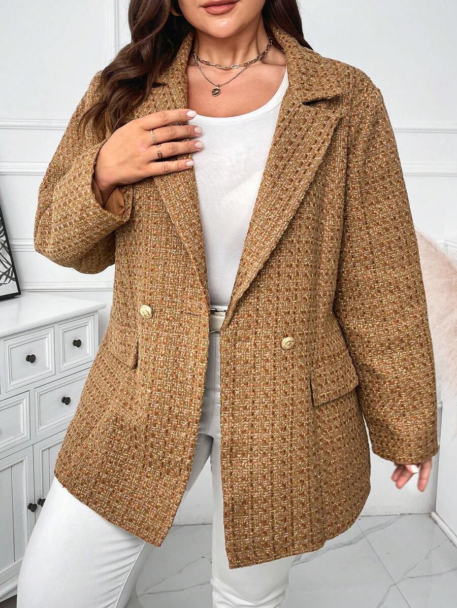 SHEIN Clasi Blazer elegante de manga larga de unicolor y doble botonadura para tallas grandes - Caqui - Ver 1